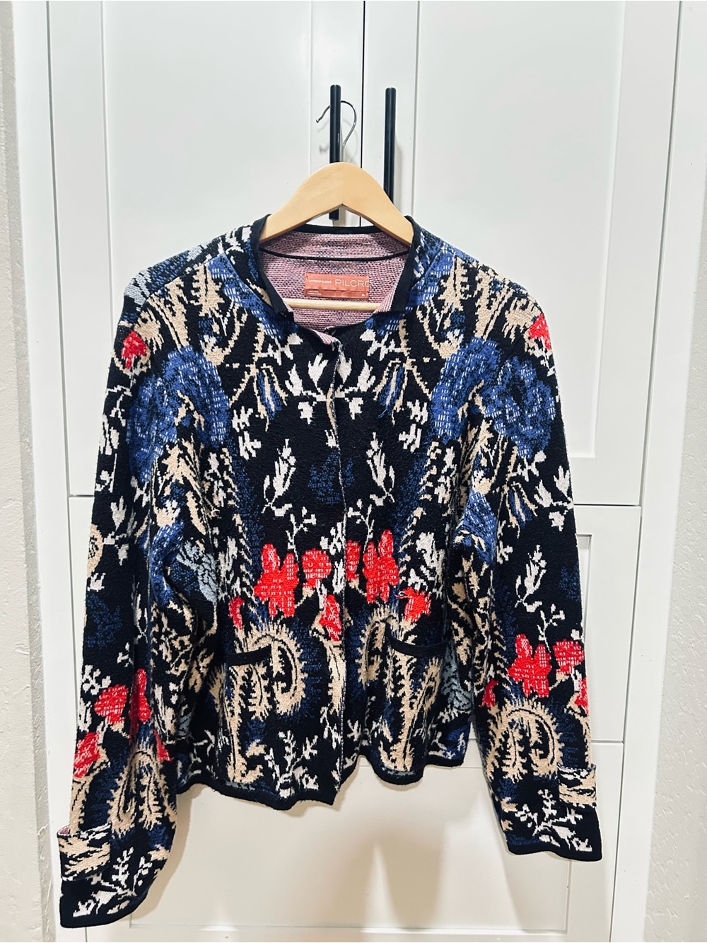 Floral Pattern Crewneck Sweater Jacket - Navy, Red, Cream Anthropologie